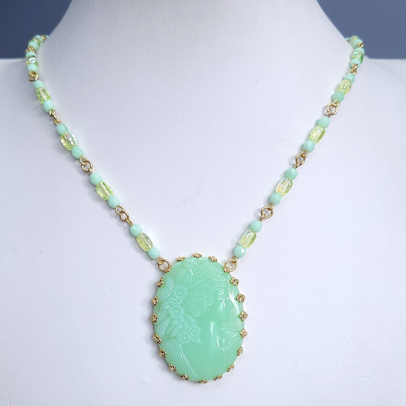 Uranium Glass Necklace 21'' Cameo Pendant Vaseline Green Czech Beads gallery