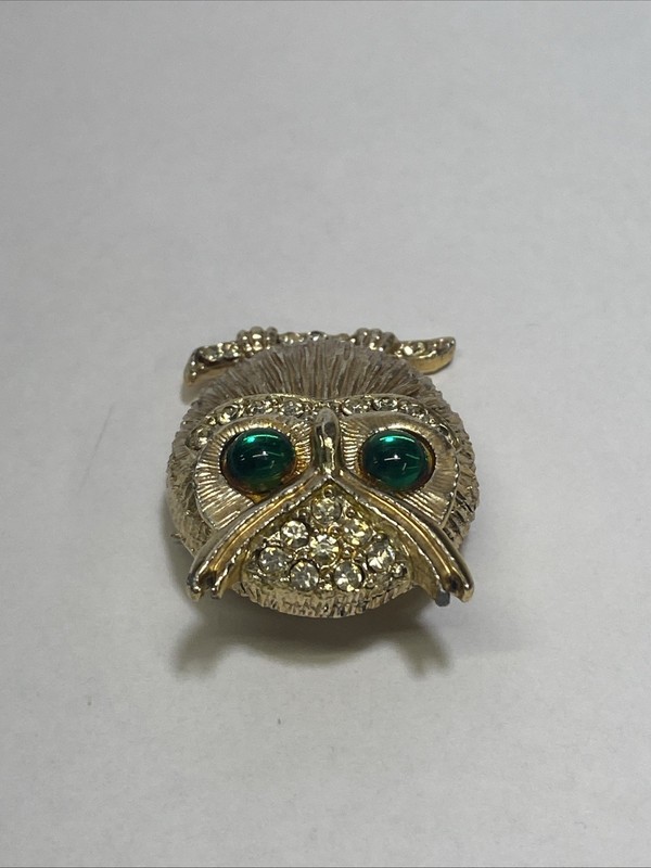 Vintage Gold-Tone Owl Brooch Pin with Green Glass Eyes Clear Rhinestone Accents gallery