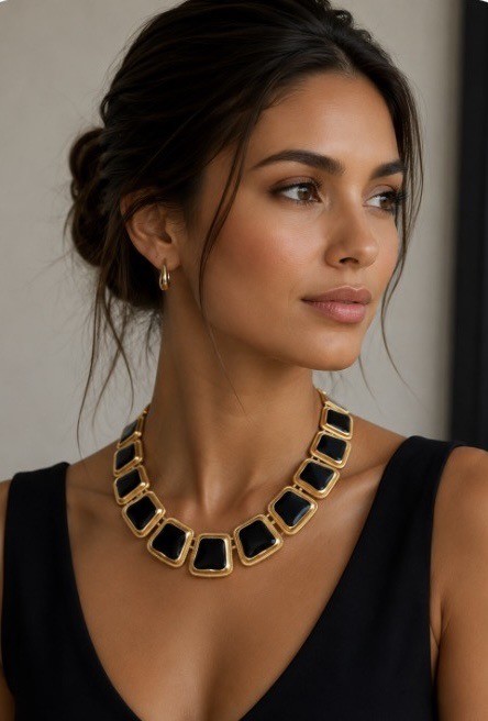 Anne Klein Vintage Gold Plated Black Enamel Geometric Choker Necklace