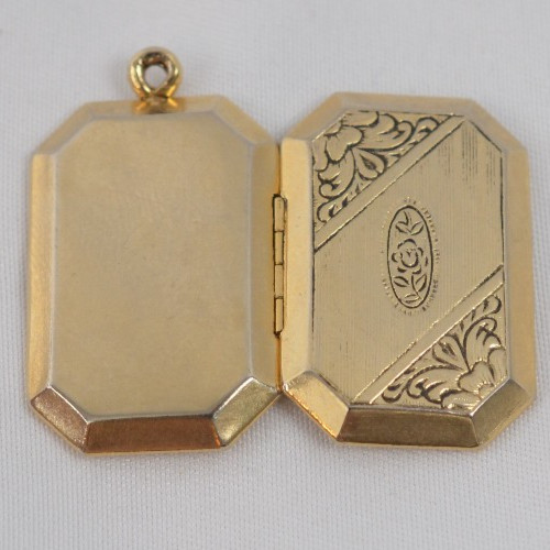 Vintage Gold Tone Octagonal Photo Locket Pendant Engraved Floral Art Deco