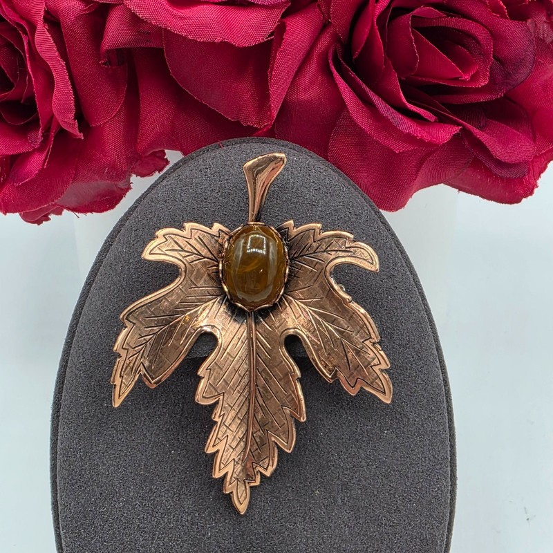 Vintage Renoir Copper Maple Leaf Brooch Brown Stone Cabochon Mid Century Pin