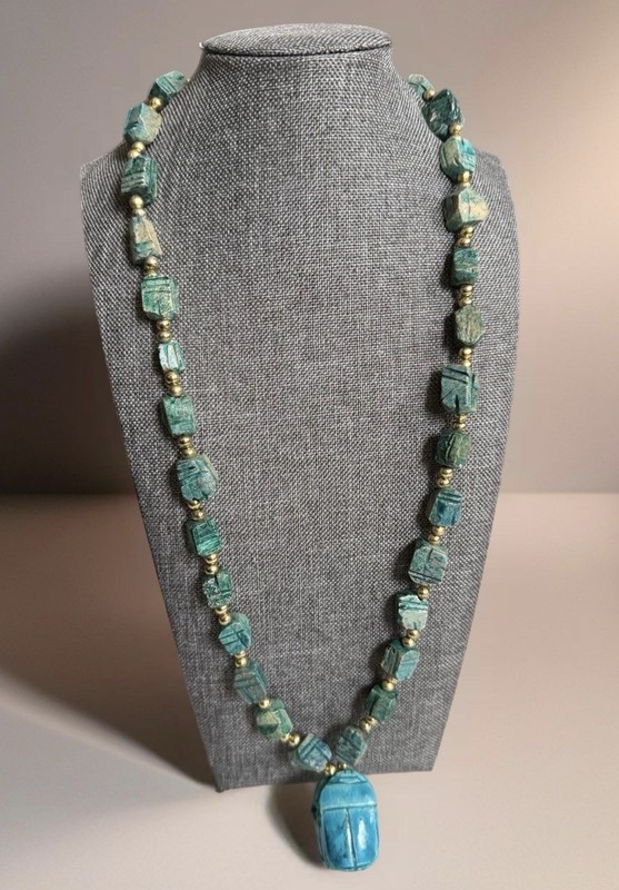Vintage 1970s Hand Carved Ceramic Bohemian Egyptian Revival Scarab Necklace 27" gallery