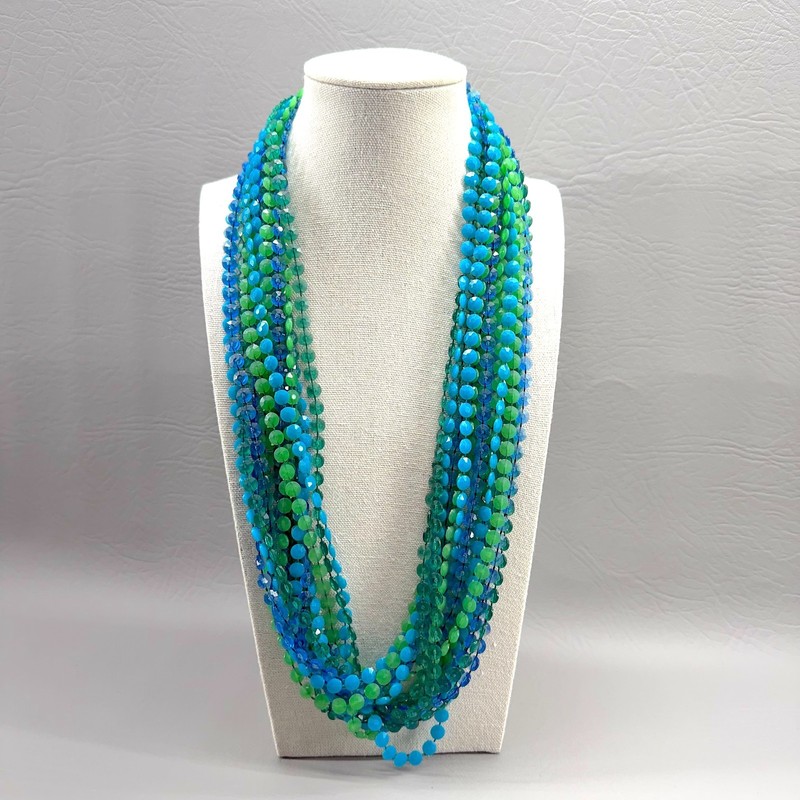 Vintage Plastic Beaded Necklace Blue Green Flapper 50" gallery