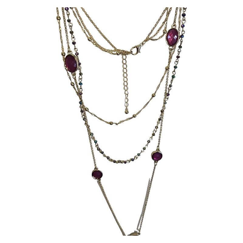 Gold Tone 3 Strand Aurora Borealis Crystal & Pink Acrylic Station Necklace 32" gallery