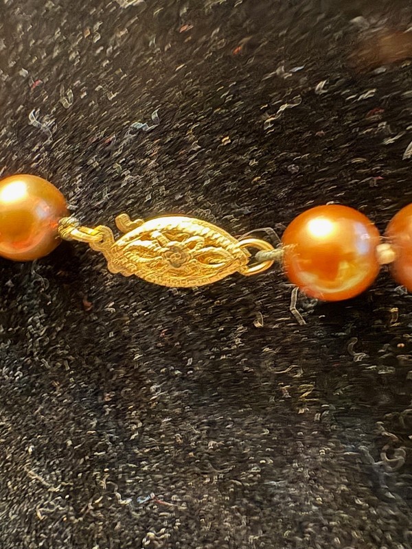 Vintage 14K Yellow Gold Clasp Bronze Freshwater knotted pearl Necklace gallery