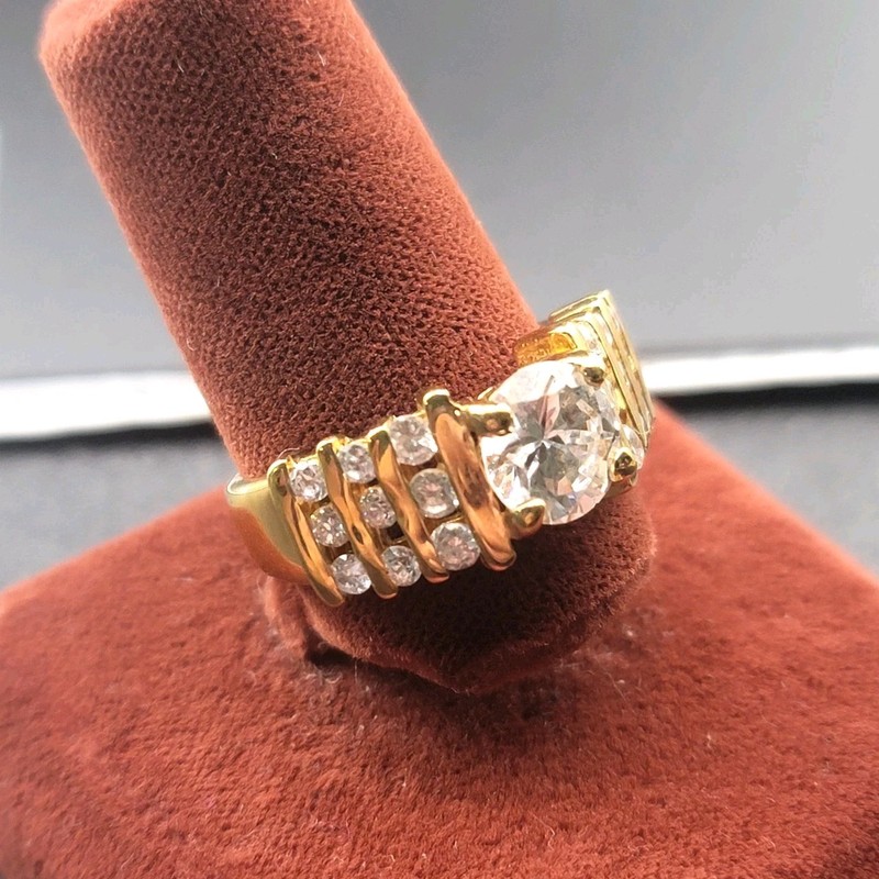 Vtg Sz 6 Ring Cocktail Solitare with Channel-set Accent Cubic Zirconia Jewelry