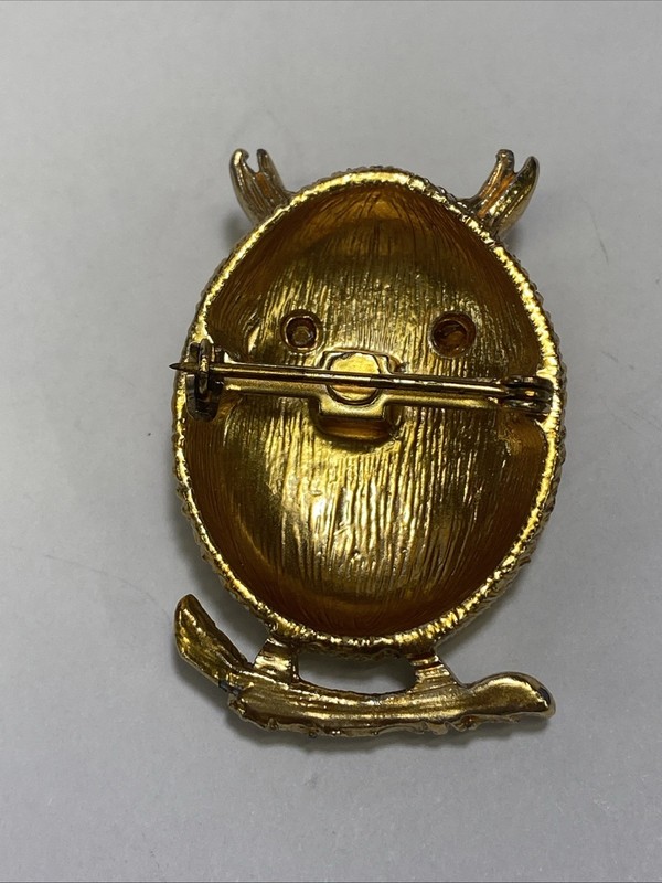 Vintage Gold-Tone Owl Brooch Pin with Green Glass Eyes Clear Rhinestone Accents gallery