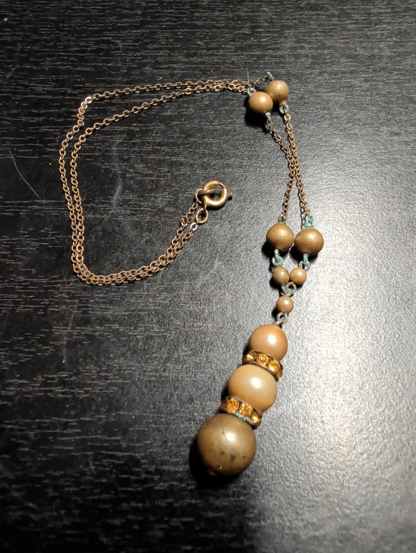 Vintage Antique Bronze Copper Colored Pendant Necklace Beads Rhinestones