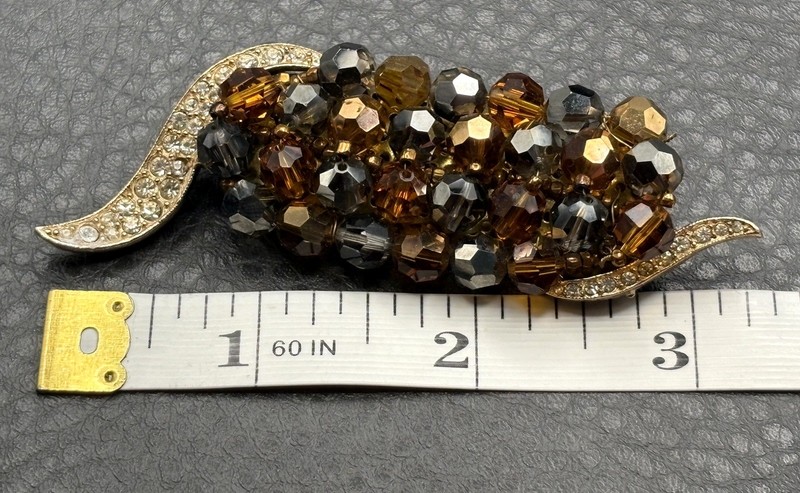 Vintage Large Marvella Beaded Gray And Brown Brooch Pin Rhinestone gallery