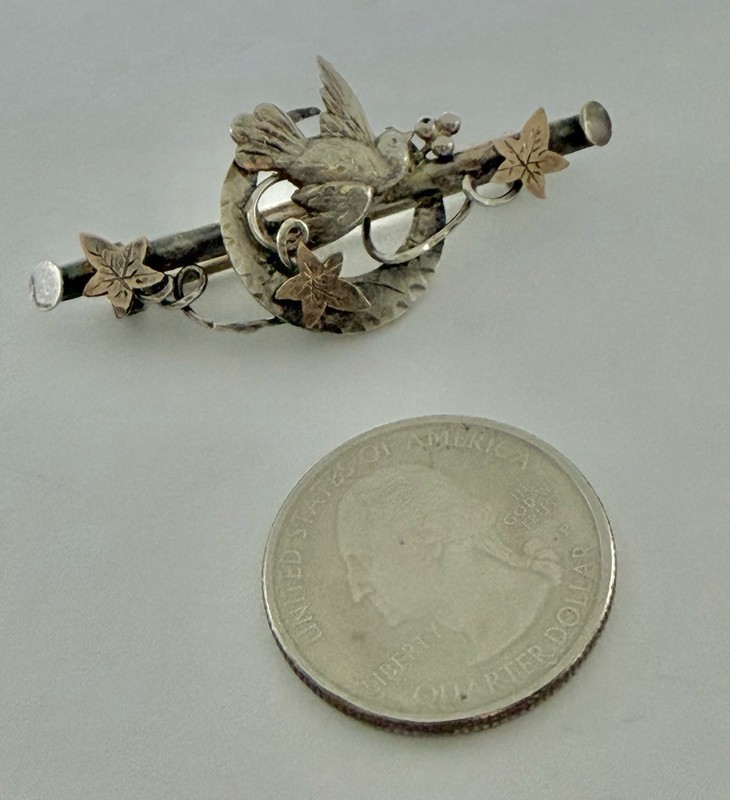 Victorian Honeymoon Brooch Crescent Moon Bird Rose Gold Accents Sterling 1894