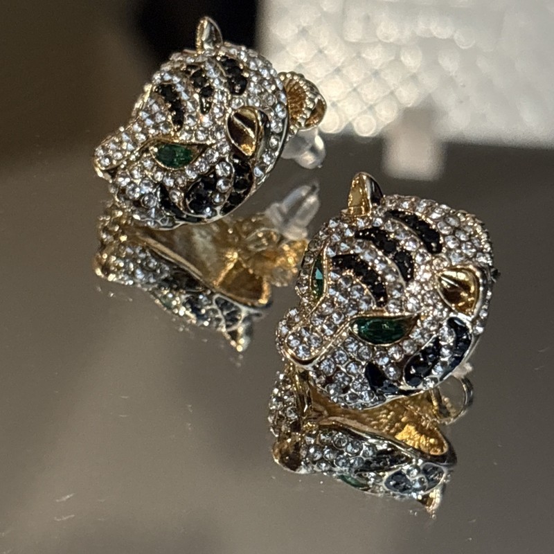Gold Tone Tiger’s Head Earrings Black & White Rhinestone Green Eyes gallery
