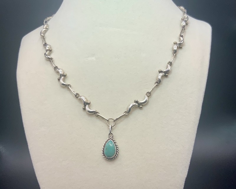 Unique Vintage G.C. 925 Turquoise Petite Pendant And Necklace