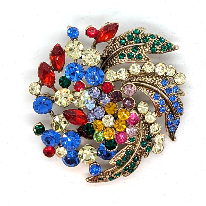 Vintage Floral Flower Rhinestone Brooch Pin Multicolor Bouquet 2.25" Silver Tone gallery