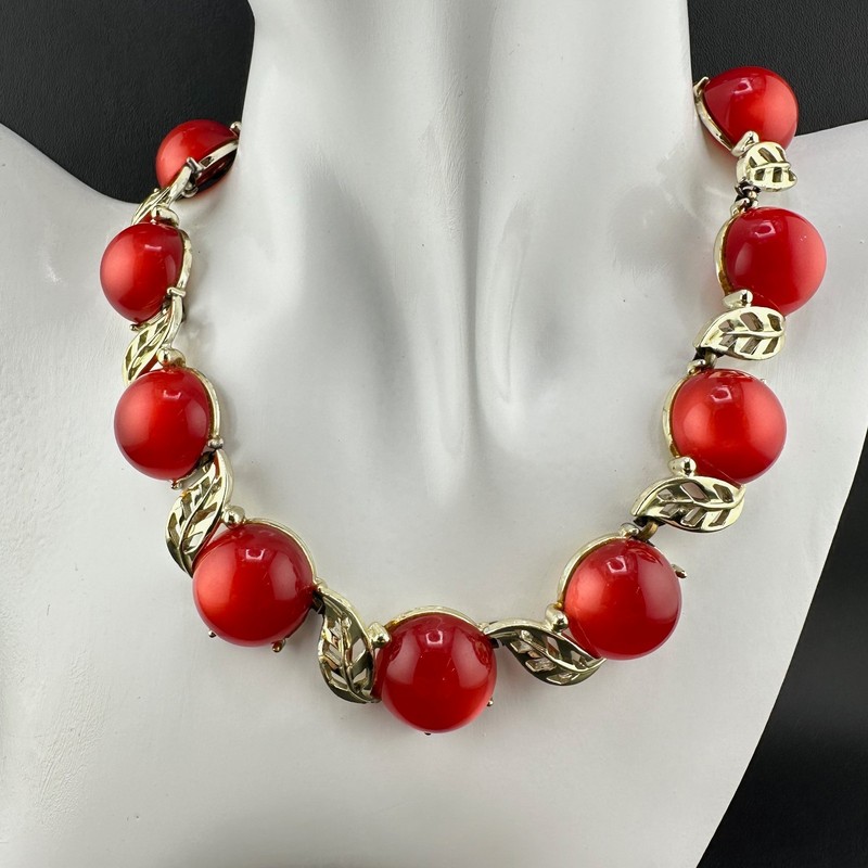 Vintage Moonglow Thermoset Necklace Bracelet Set Cherry Red Gold Tone Leaves gallery