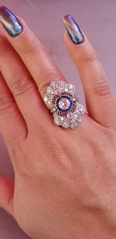 Art Deco Style 3Ct Lab Created Diamond & Sapphire Wedding 14K White Gold FN Ring gallery