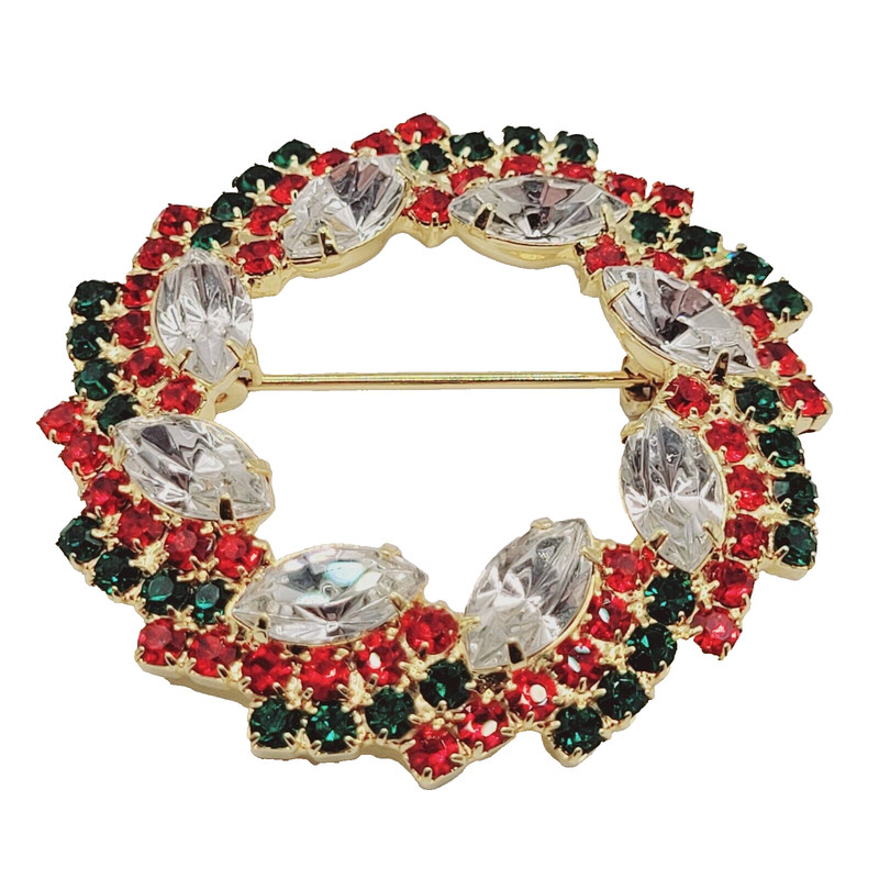 Christmas Wreath with Sparkling Rhinestones Clear Red Green Gold Tone Brooch Pin gallery
