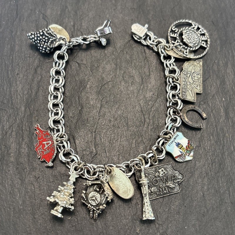 Vintage Sterling Silver Charm Bracelet + Charms Razorbacks Travel 7.25” 33g Bc