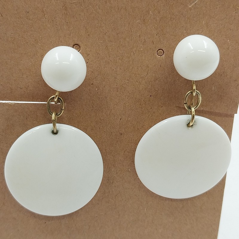 Gold Tone with White Round Disc Plastic Dangle Drop Clip On Earrings Vintage