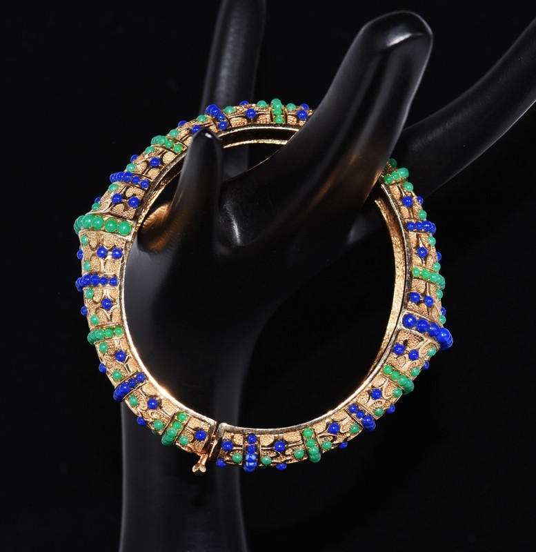 Sublime BOUCHER Navy BLUE and Forest GREEN Beaded GOLDTONE BANGLE Bracelet gallery