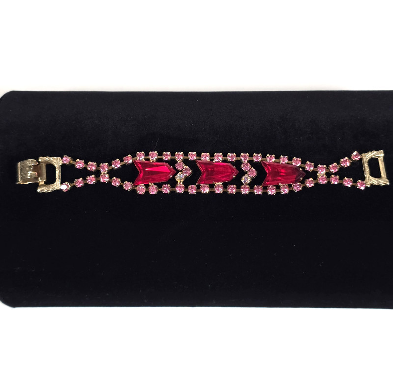 VINTAGE RED PINK RHINESTONE PARURE BRACELET BROOCH EARRINGS 4 pc SET 50's ESTATE gallery