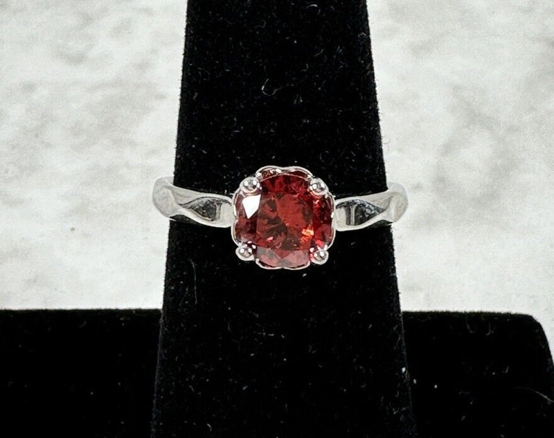 Silver Tone Patterned Ring with Faceted Round Red CZ Solitaire – Size 6.75
