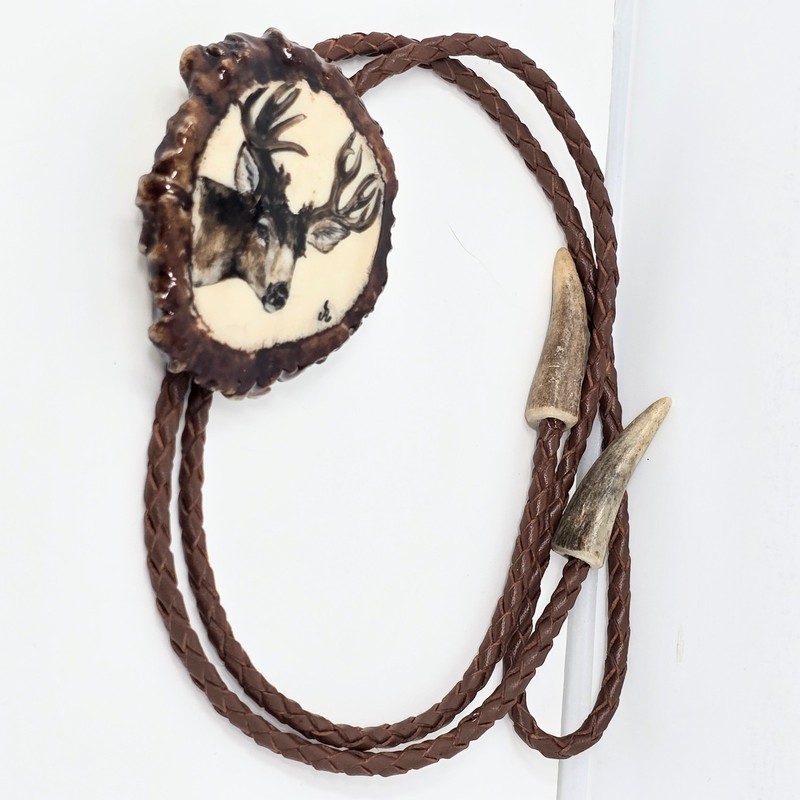 Hand Painted Buck Deer Antler Western Bolo Tie Signed Brown Braided Leather 19" gallery