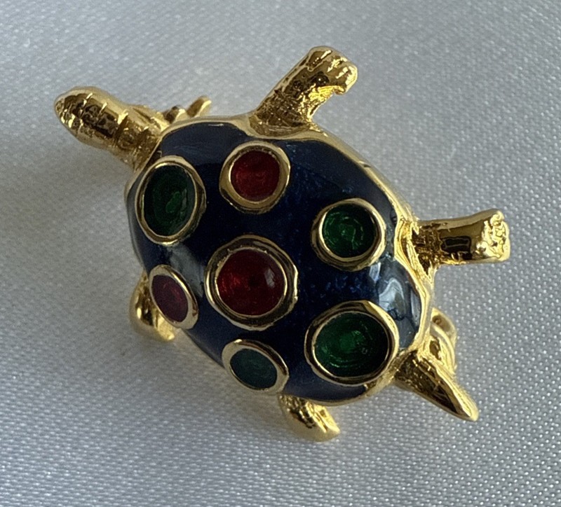 Vintage Turtle Brooch Black Green Red Enamel and Gold Tone Tortoise Pin EUC gallery