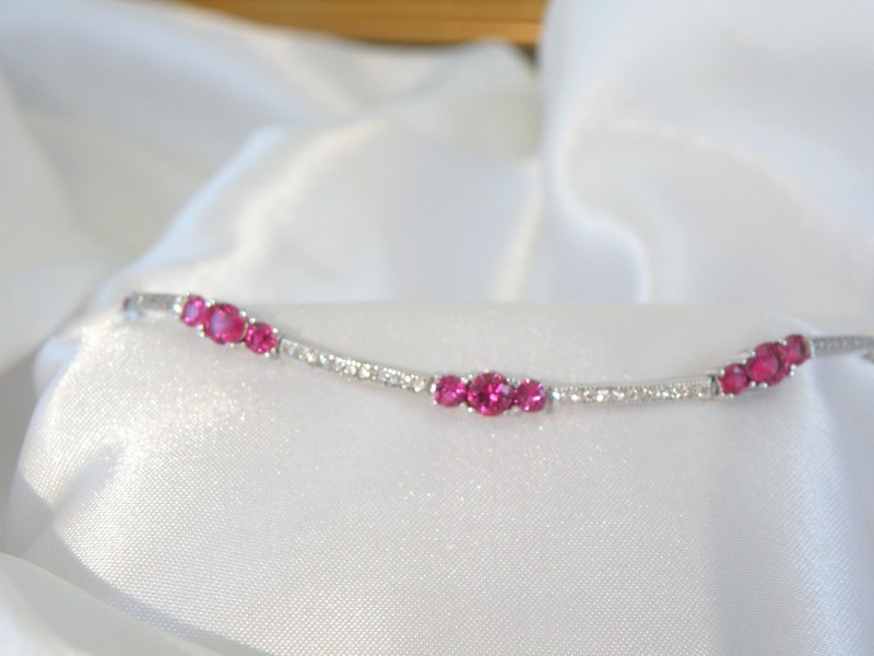 Vintage Sterling Silver 925 Simulated Ruby Station Tennis Bracelet 7″