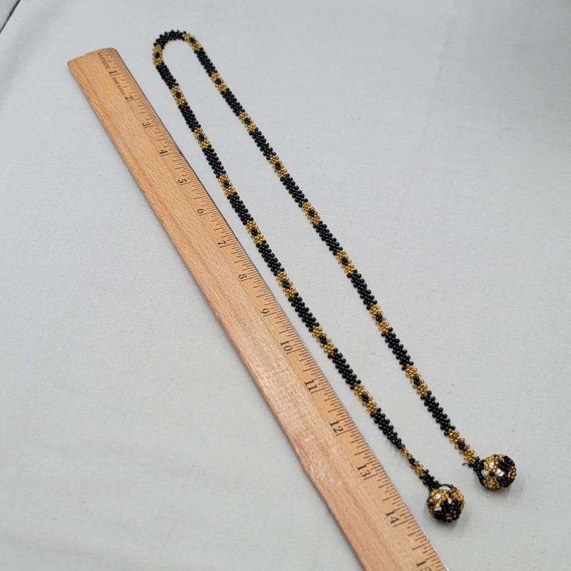 Vintage Yellow Black Beaded Lariat Necklace Handmade 28" gallery