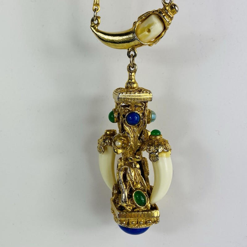 Kenneth Jay Lane Etruscan Revival Snake Gold Gemstone Necklace Horn / Tusk gallery