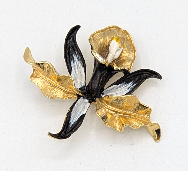 Vintage Gerrys Orchid Flower Brooch Floral Enamel Pin Black White Gold Tone