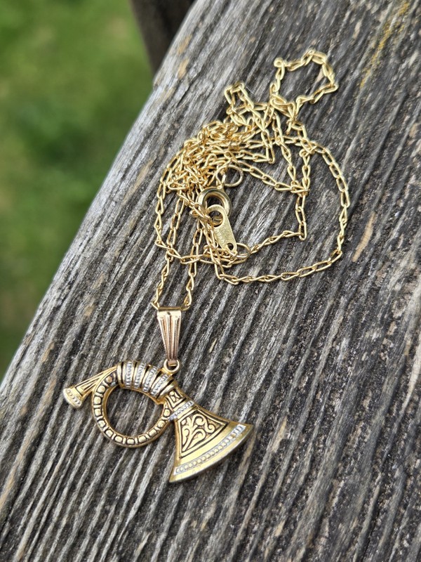 Vintage Damascene French Horn Pendant Necklace Chain Gold Tone Band Music gallery