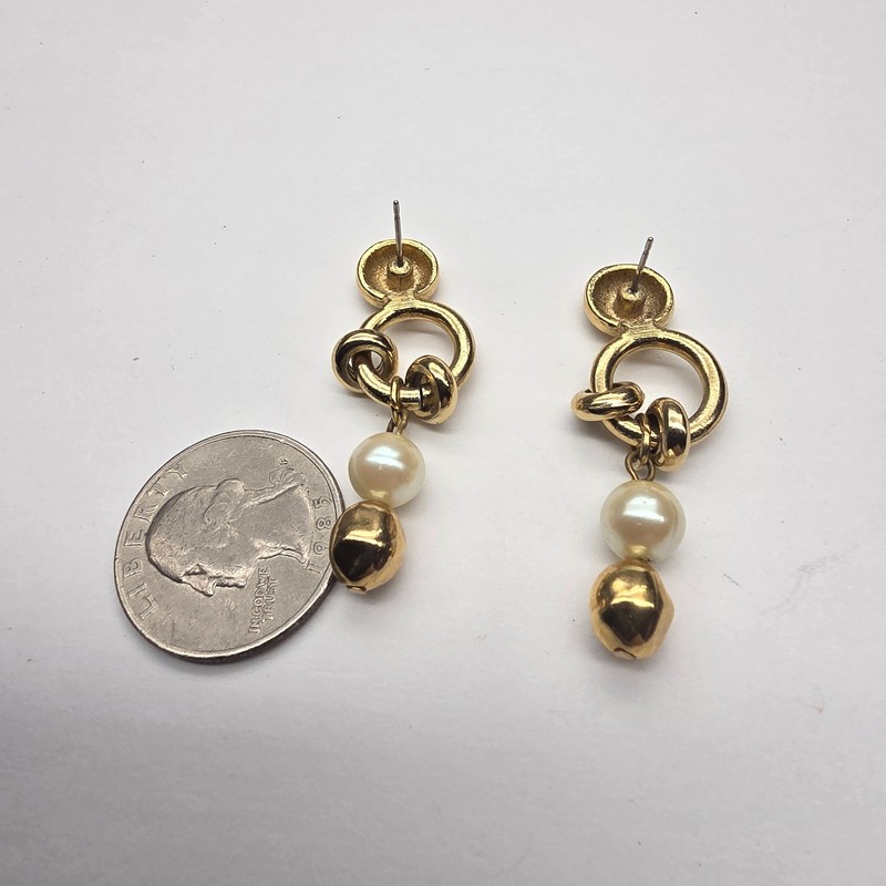 Off White Faux Pearl Gold Tone Metal Dangle Pierced Earrings Vintage gallery