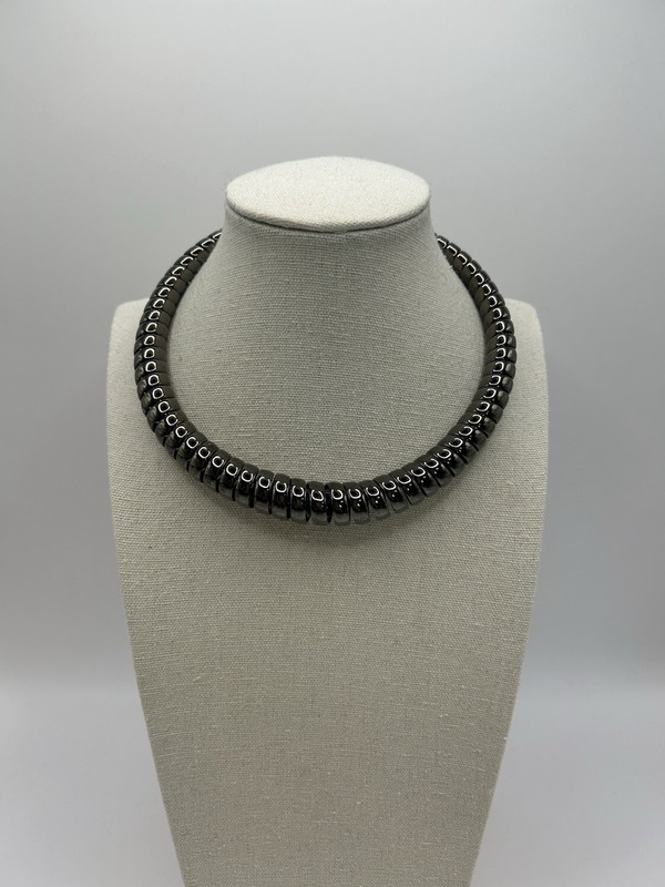 Vintage Chunky Gunmetal Collar Necklace Ribbed Choker Statement Punk Goth Shine