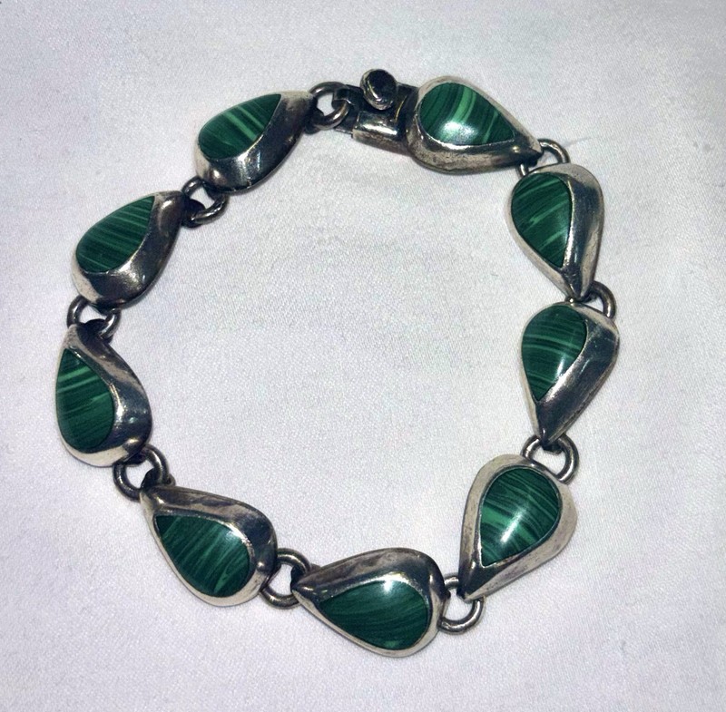 Vintage Mexican Sterling Silver Malachite Bracelet 925 MEXICO 27.48G TW 7″