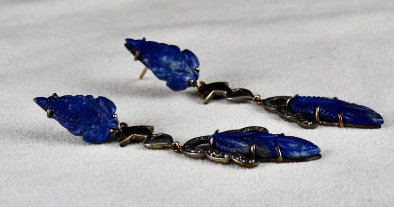Certified Natural Lapis Lazuli 68ct Leaf Engraved Silver Earring Victorian Style gallery