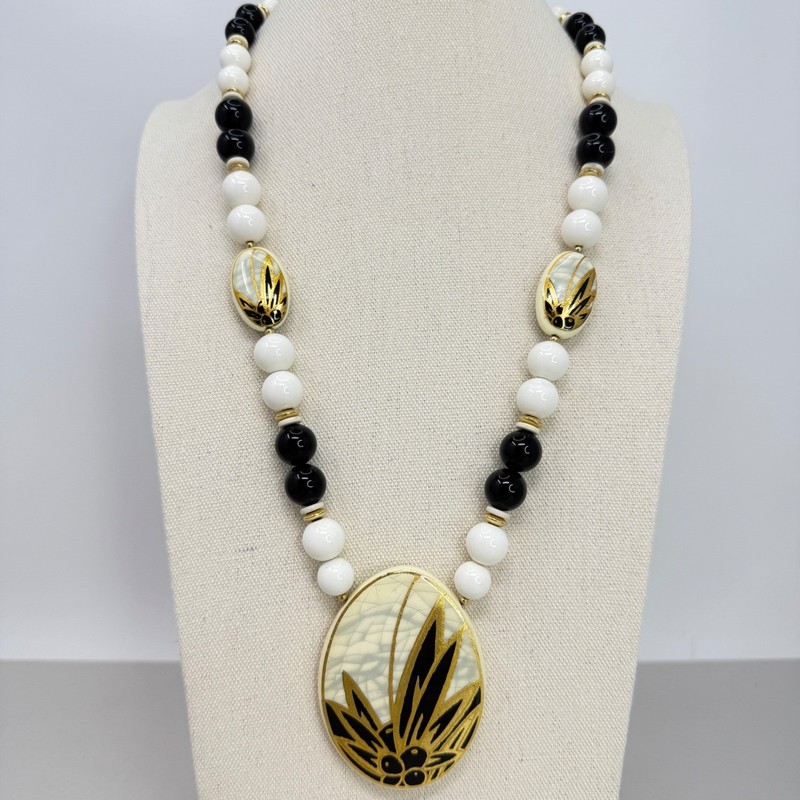 Vintage Japan Beaded Necklace Black White Gold Leaf Pendant Mid Century Modern