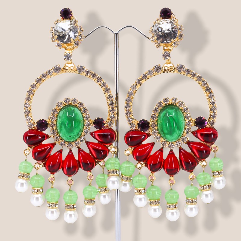 Moans Couture, 2022 Collection, Red, Green and Gold, Clip-on Earrings