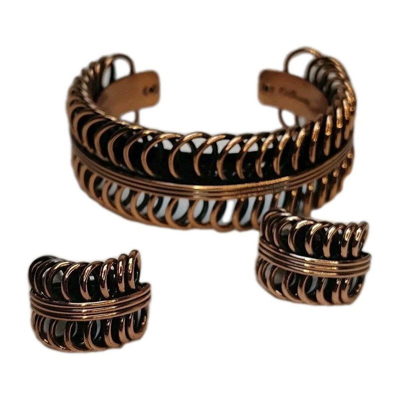 Vintage Renoir Signed Copper Coil MCM Cuff Bangle Bracelet & Clip On Earring Set