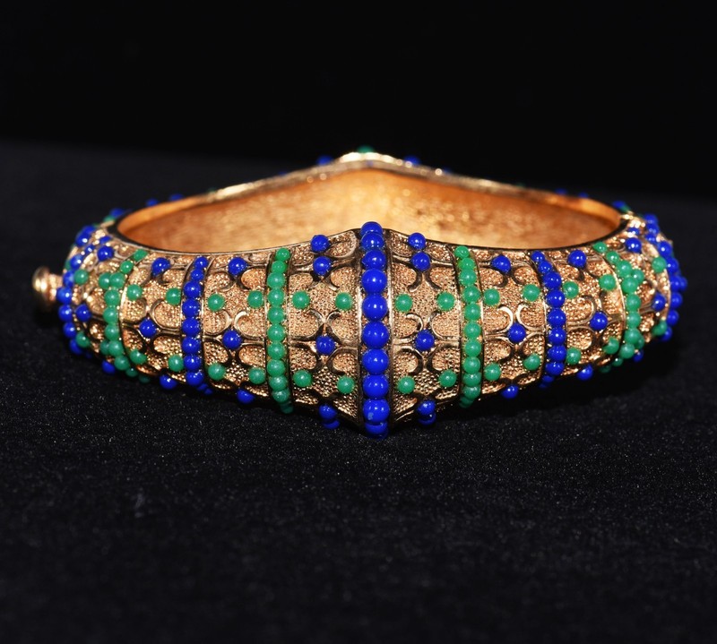 Sublime BOUCHER Navy BLUE and Forest GREEN Beaded GOLDTONE BANGLE Bracelet gallery