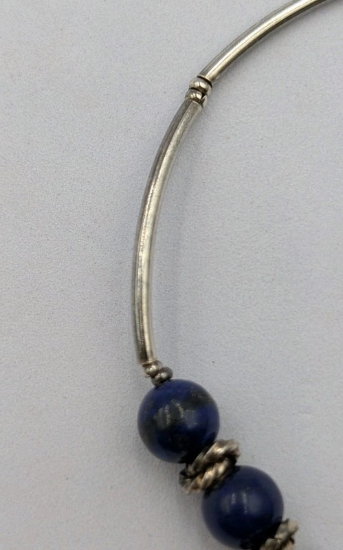 Vintage Lapis Lazuli Beaded 950 Silver Curved Tube Snap Clasp Bracelet - 7.5" gallery