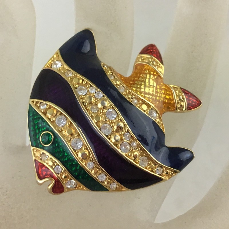 VINTAGE GOLD PLATED BROOCH/PIN NAVY BLUE/PURPLE/GREEN ENAMEL GLASS FISH gallery