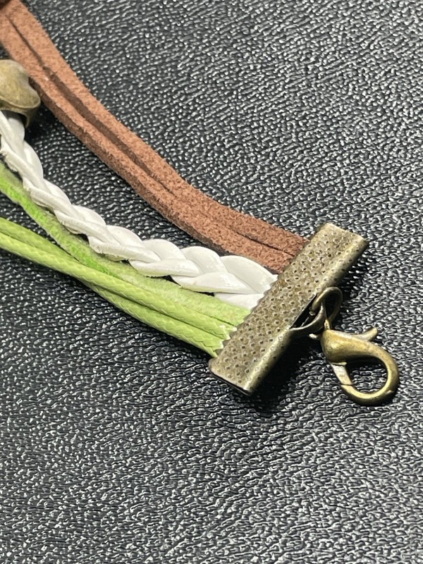 Vintage 7-8” Brass Cross Heart Green Leather Beaded Bracelet gallery