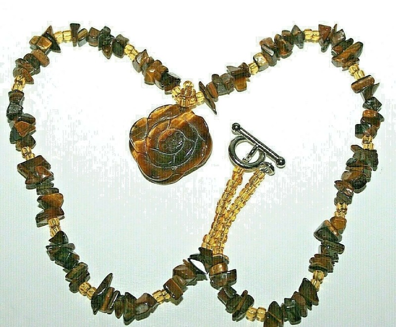 Natural Tigers Eye Gemstones Hand Carved Flower Pendant Necklace 20" 46 Grams gallery