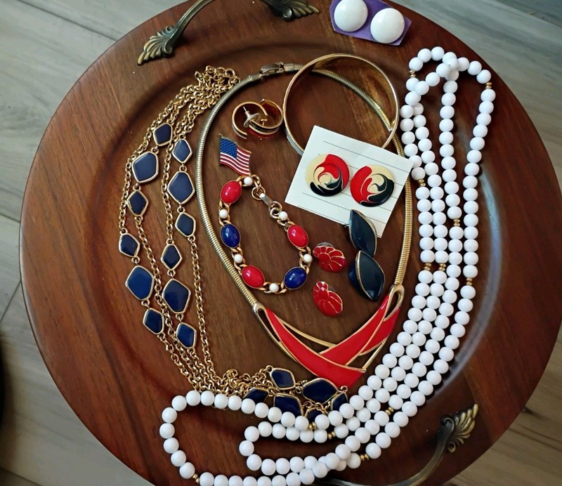 Patriotic VTG Grandmas Jewelry Lot Enamel Red White Blue Necklace-Brclts-Earrngs gallery