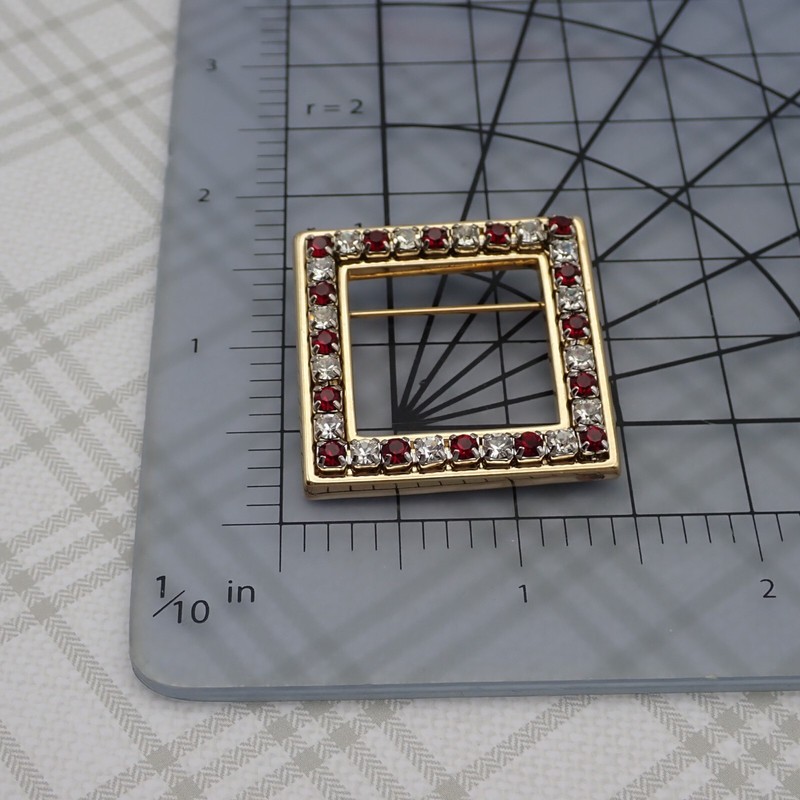 Vintage Square Red Clear Channel Prong Set Rhinestone Gold Tone Pin Brooch gallery