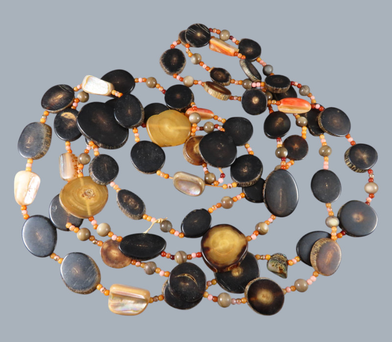VTG Polished Sliced Horn Beads AGATE Beaded 82″ Necklace PETRIFIED WOOD? Brown