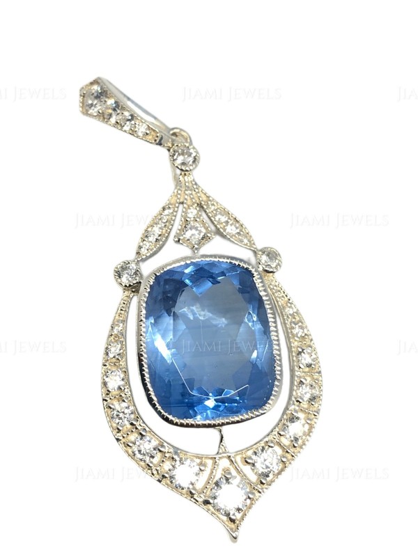 Art Deco Simulated Tanzanite Moissanite Pendant Cushion Cut Bezel Set 925 Silver