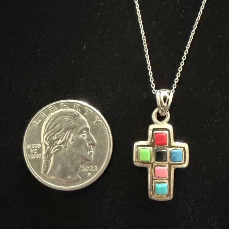 Vintage Cross Pendant Necklace Sterling Silver Turquoise Colorful Rainbow Stones gallery