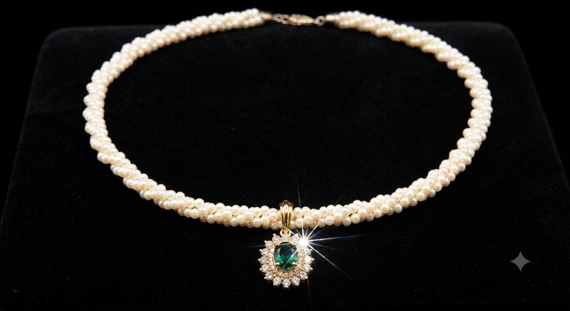 1980s Faux Pearl Choker With Emerald Green Stone And Rhinestones